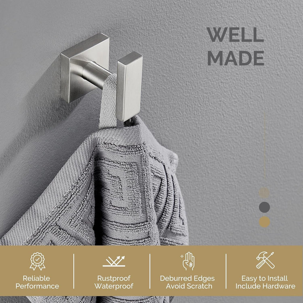 Towel Hook Brushed Nickel, Robe Coat Hand Towel Holder | Rustproof SUS304 Stainless Steel, Square Hook for Bathroom
