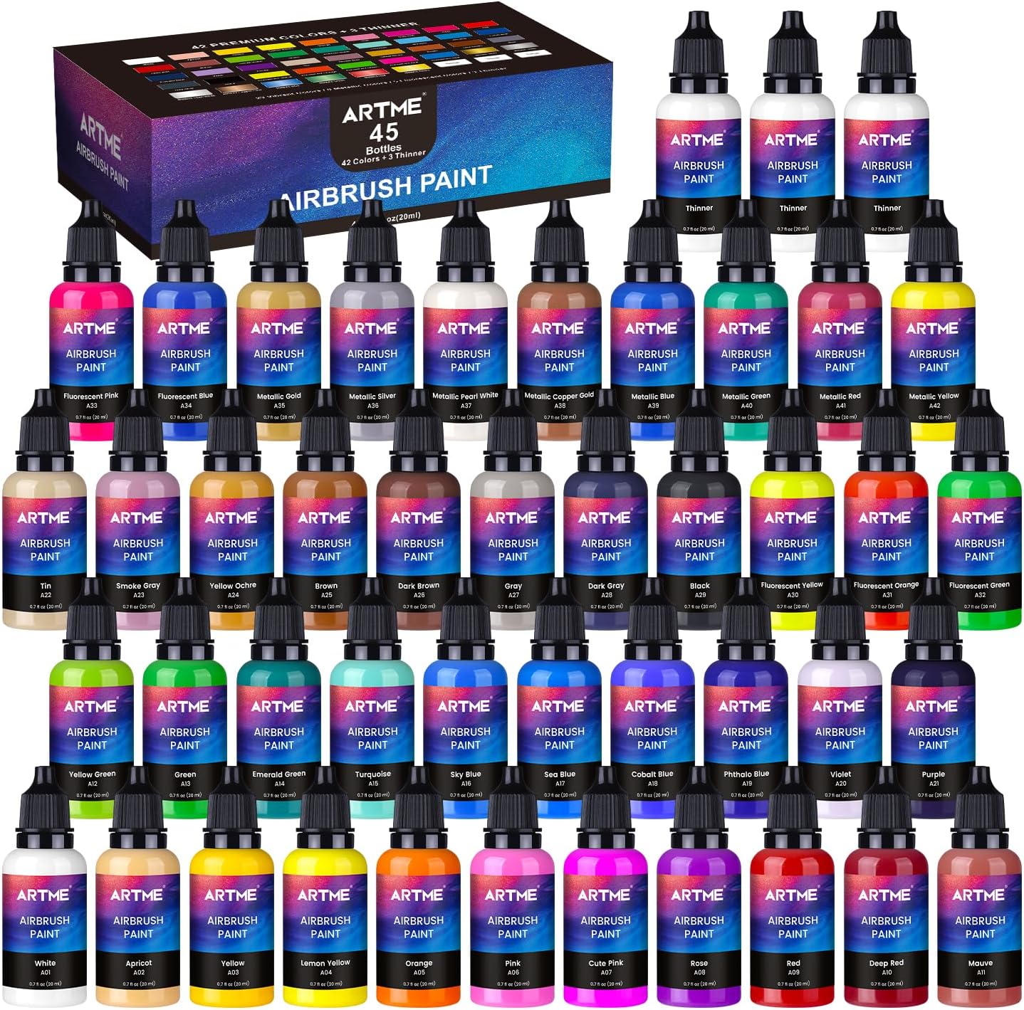 Airbrush Paint, ARTME 42 Colors with 3 Thinner, Ready to Spray, Opaque & Water Based Acrylic Airbrush Paint Set