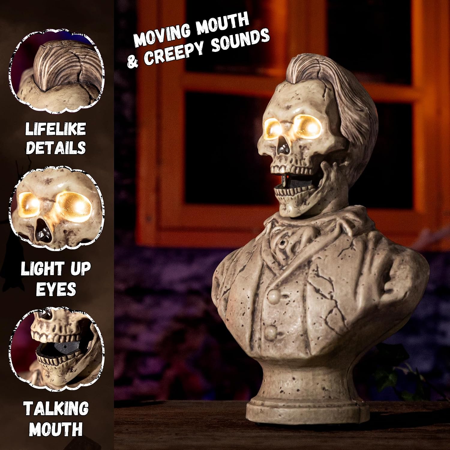 Halloween Animatronics Talking Stone Statue Decorations, Animated Props with Sound & Motion Activated, Mouth Moving
