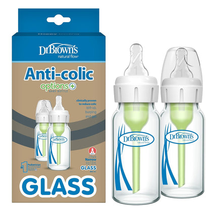 Anti-Colic Options+ Narrow Glass Baby Bottle with Level 1 Slow Flow Nipple, BPA-Free, 4 oz/120mL, 0m+, 2-Pack