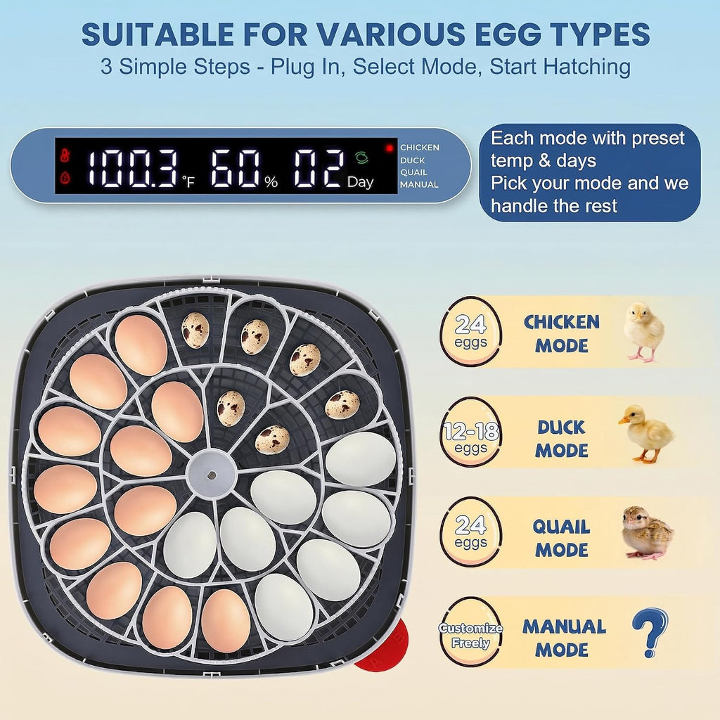 24 Egg Incubators for Hatching Eggs, 360° View with 4 Modes, Blue