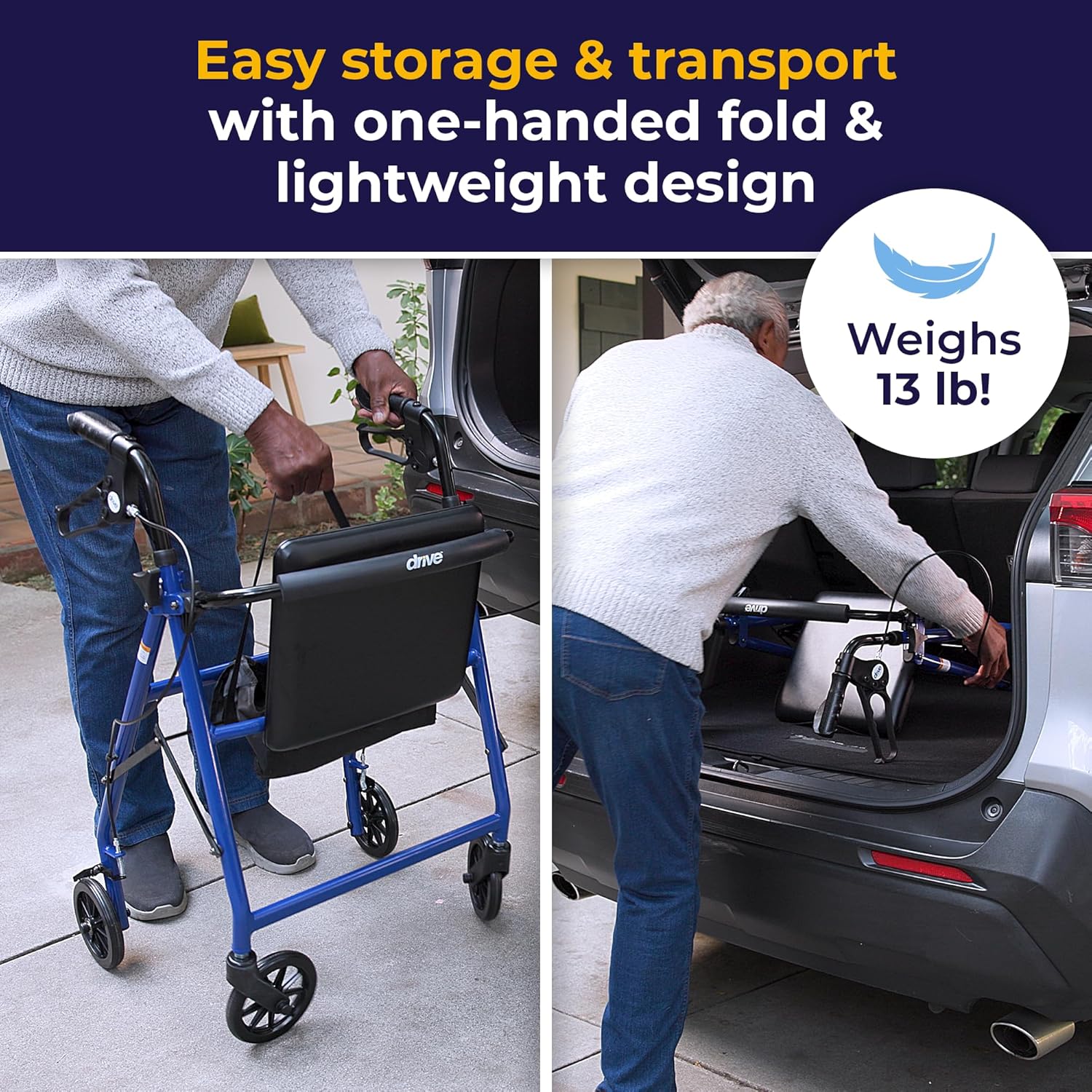 Aluminum Rollator Walker - Fold Up - Padded Seat - 6 Inch Wheels - Lightweight Portable Design - Indoor Outdoor