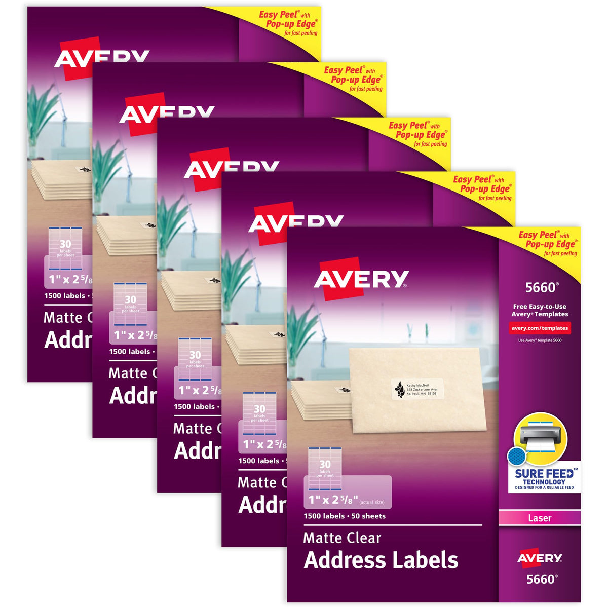 Printable Address Labels, Sure Feed Technology, 1" x 2-5/8", Matte Clear, Laser Printable, 1,500 Blank Labels per