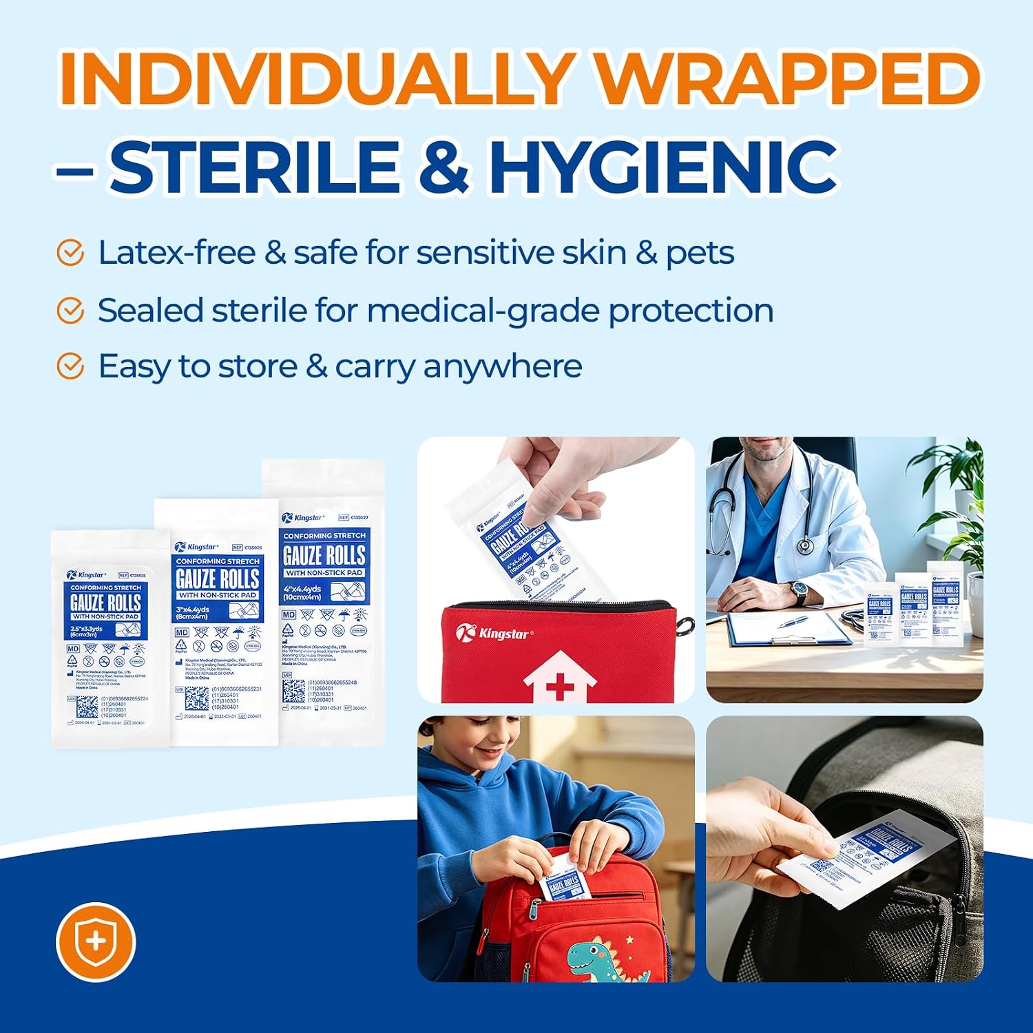 Sterile Gauze Rolls 4in x 4.4yds with Non-Stick Pad, 20 Pack Individually Wrapped Sterile Gauze Bandages, Latex-Free