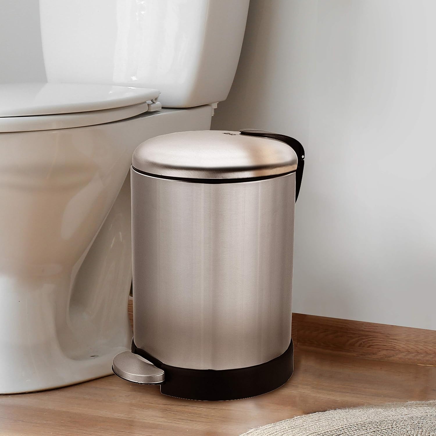 Small Trash Can, 1.2 Gallon | Round Stainless Steel Garbage Bin with Soft Close Lid & Step Foot Pedal | Metal Waste