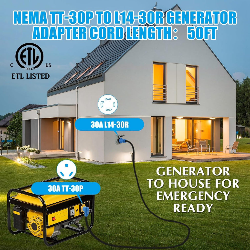 20 ft NEMA TT-30P to L14-30R Generator Transfer Switch Adapter Cord, 30 Amp TT-30P Male to L14-30R Female with
