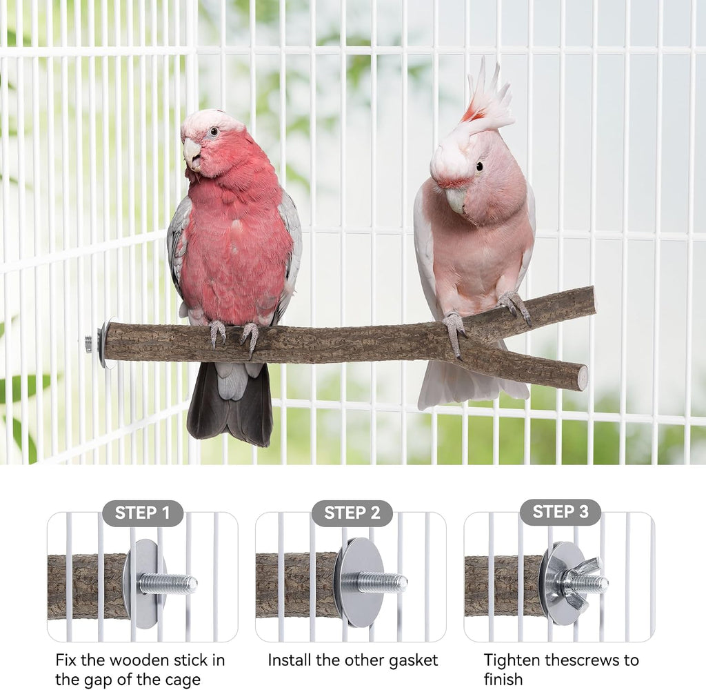 Natural Wooden Perches for Bird Cages - Ideal for Cockatiels, Parakeets, Finches & Other Caged Birds (Natural Bark, 2