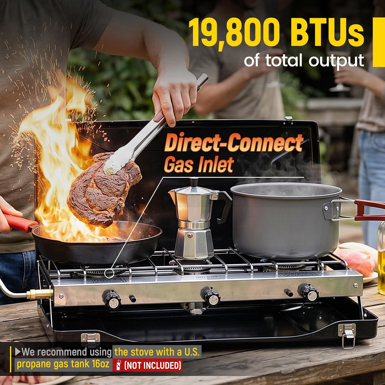 Camping Stove, Propane Portable Camp Stove, 19800BTU-3 Burners | With Regulator, Push-Button Instant Ignition