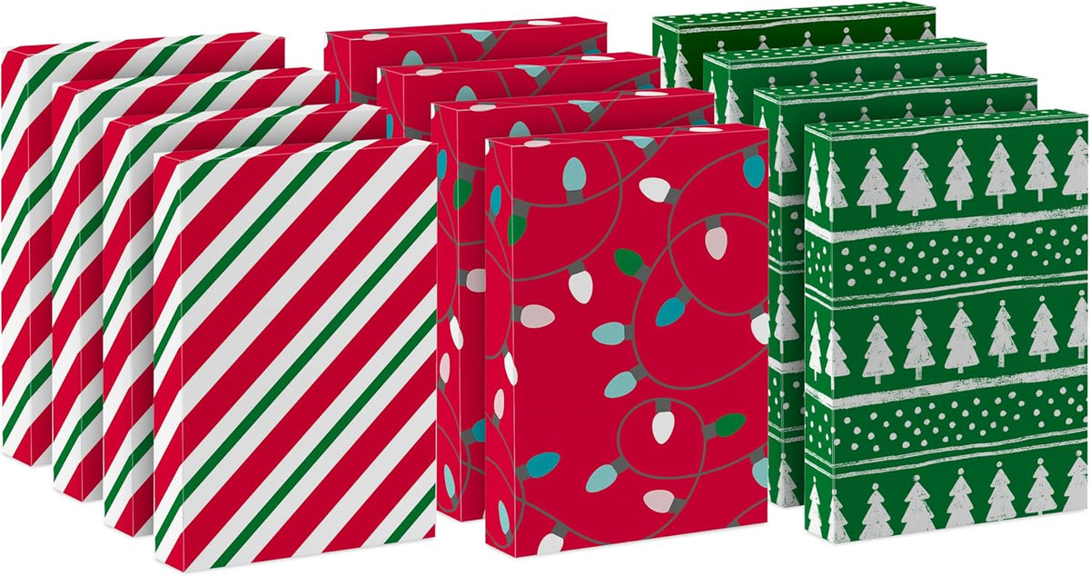 Medium Christmas Gift Boxes with Lids (12 Shirt Boxes, 3 Designs: Lights, Trees, Red and Green Stripes) for