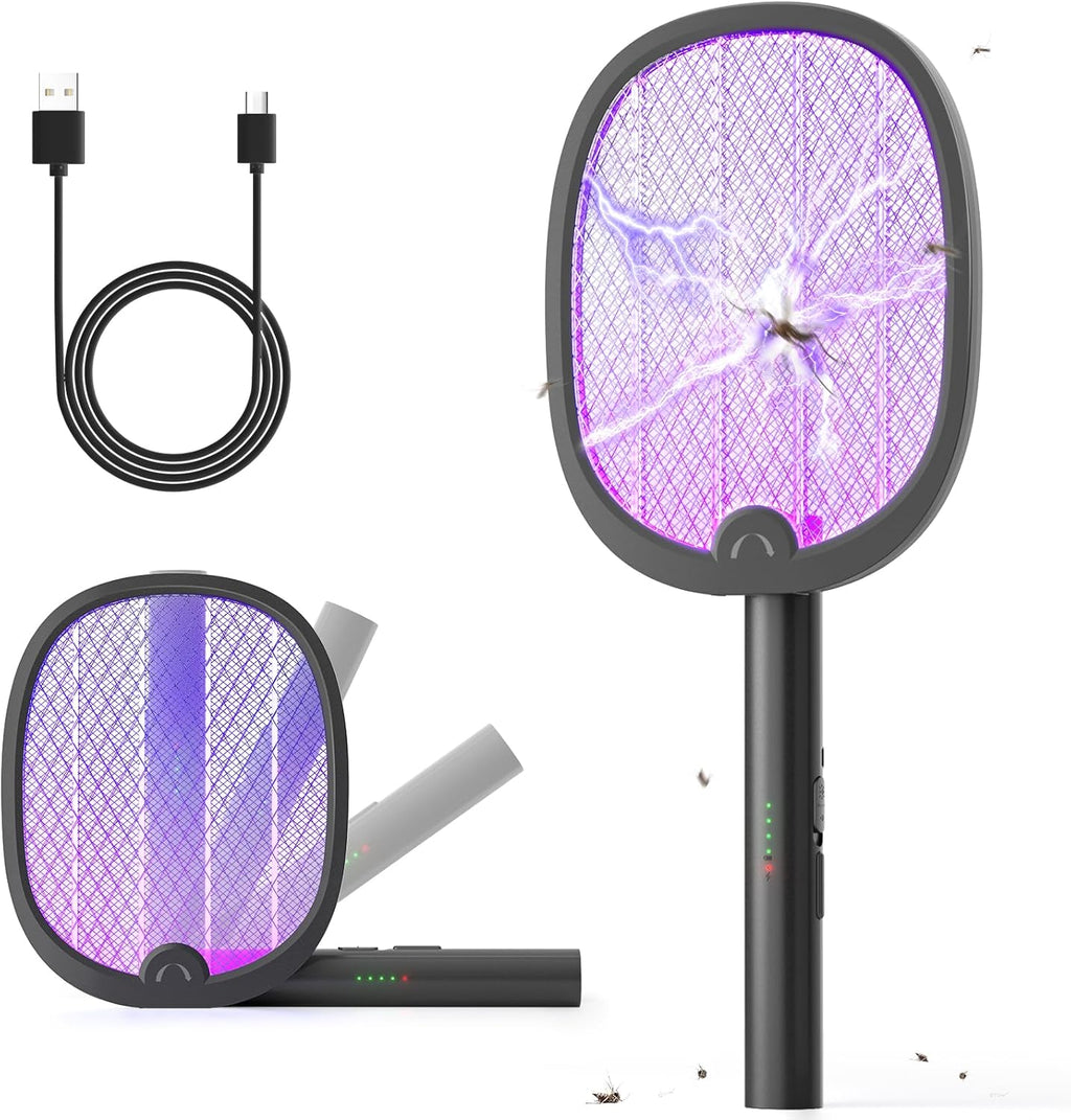 Electric Fly Swatter Foldable Bug Zapper Racket 2 in 1 Mosquito Killer with Purple Attractant Light Rechargeable