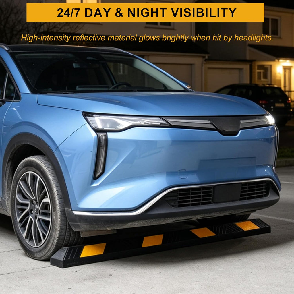 4 Pack 72" Rubber Parking Curbs | Heavy Duty Garage Floor Wheel Stopper with Yellow Reflective Stripes for Car