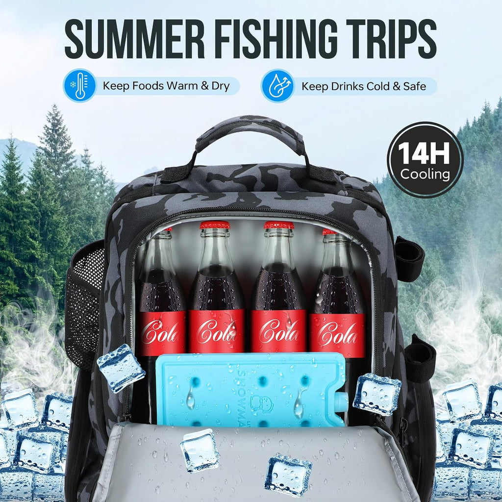 Cooler Fishing Backpack with Rod Holders 45L Large Water-resistant Fishing Tackle bag Store Fishing Gear Fishing