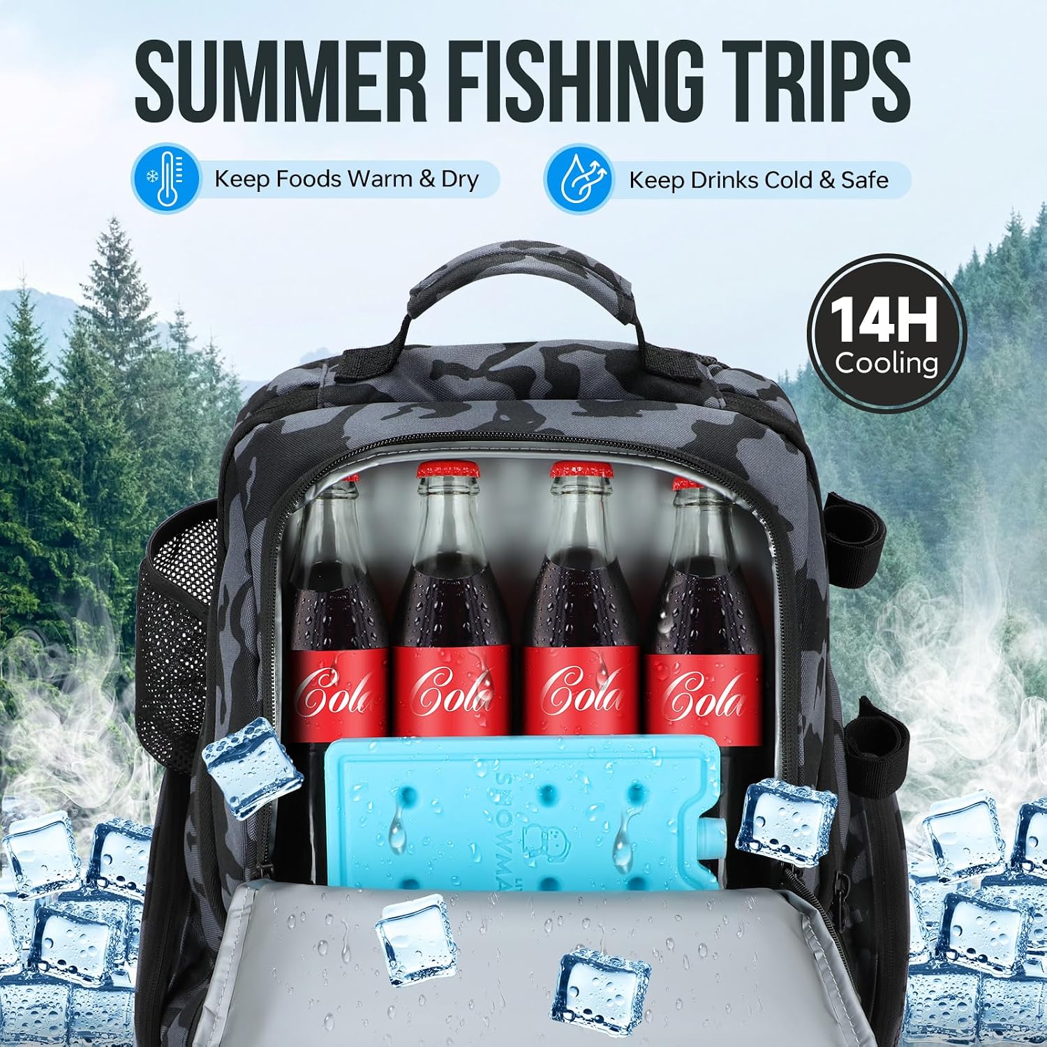 Cooler Fishing Backpack with Rod Holders 45L Large Water-resistant Fishing Tackle bag Store Fishing Gear Fishing