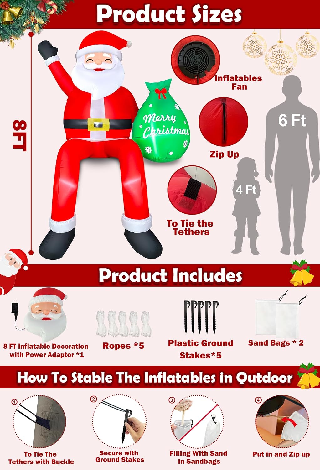 8FT Santa Claus Sitting on The Roof Christmas Inflatable Decoration with Gift Bag & Built-in LEDs, Giant Blow Up