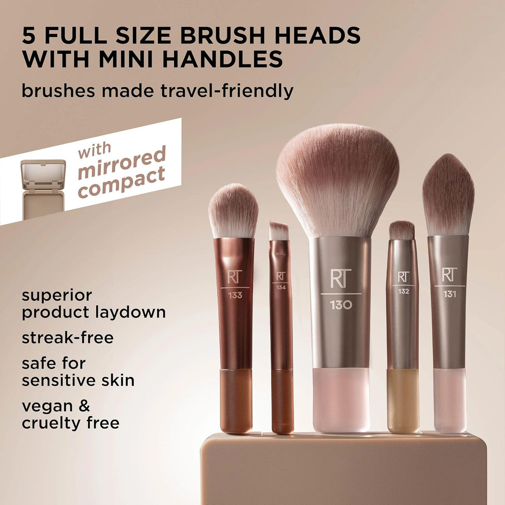 New Nudes On The Glow Mini Brush Kit, 6 Piece Set With Compact Mirror, Travel Makeup Brush Set for Contour