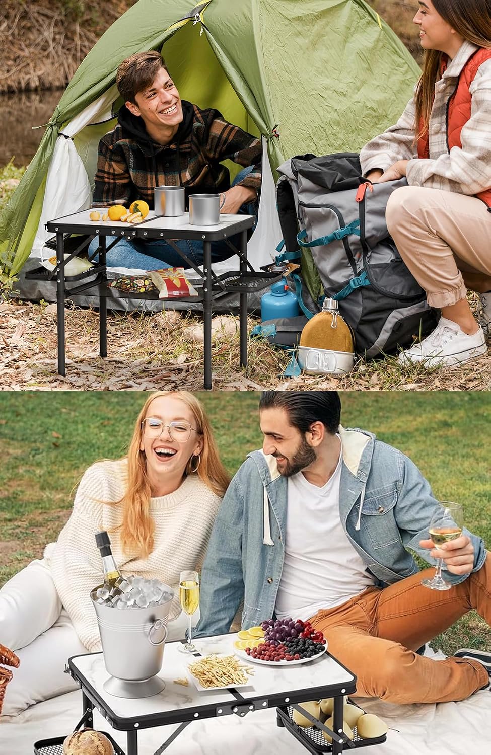 Small Camping Table Foldable 2ft, Folding Picnic Table with Side Racks & Net, Folding Camp Table Portable Beach