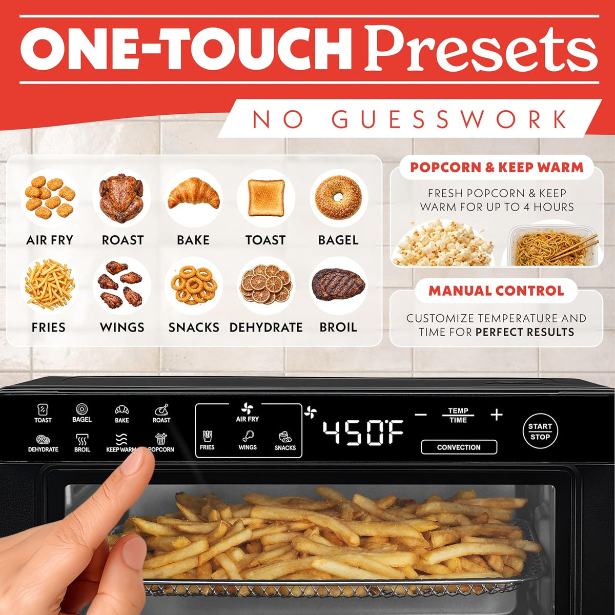 Toaster Oven Air Fryer - 4 Slice Capacity, Single Door, Digital Display, Air Fry, Toast & Dehydrate, Convection