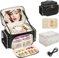 Large Makeup Bag with LED Mirror, Travel Makeup Bag Organizer for Women Girls with Makeup Brush Compartment & Two