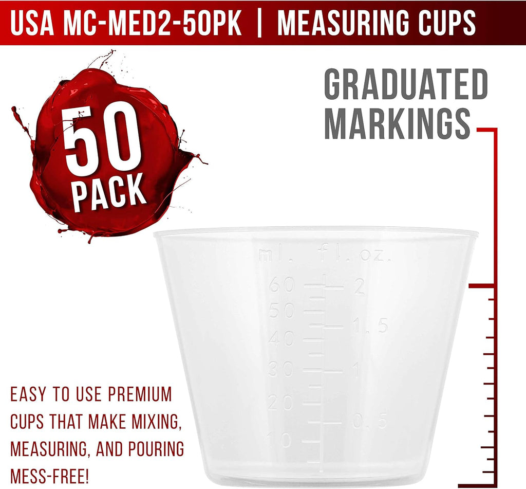 2 Oz (60 ml) Liquid Measuring Cups, 50 Pack with 25 Sticks