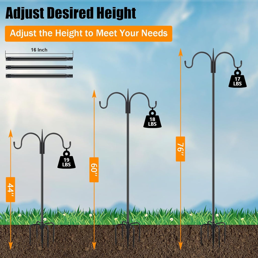 Heavy Duty Shepherds Hook 76" Double Hooks Adjustable (44/60/76") - Alloy Steel 5-Prong Base, 17lb Capacity - Easy