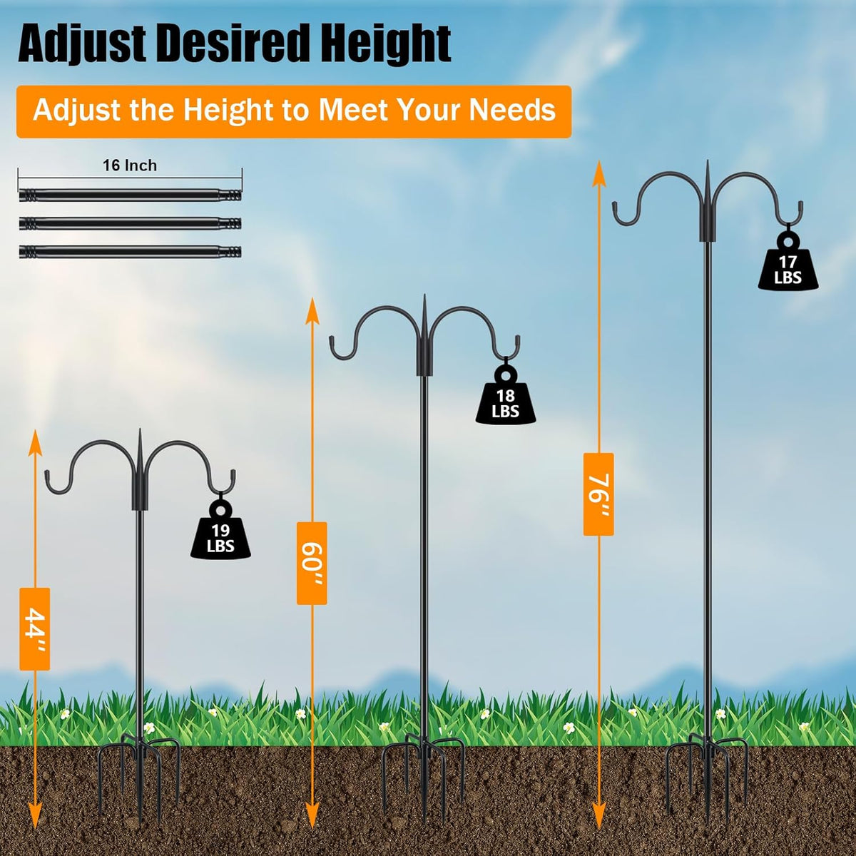 Heavy Duty Shepherds Hook 76" Double Hooks Adjustable (44/60/76") - Alloy Steel 5-Prong Base, 17lb Capacity - Easy