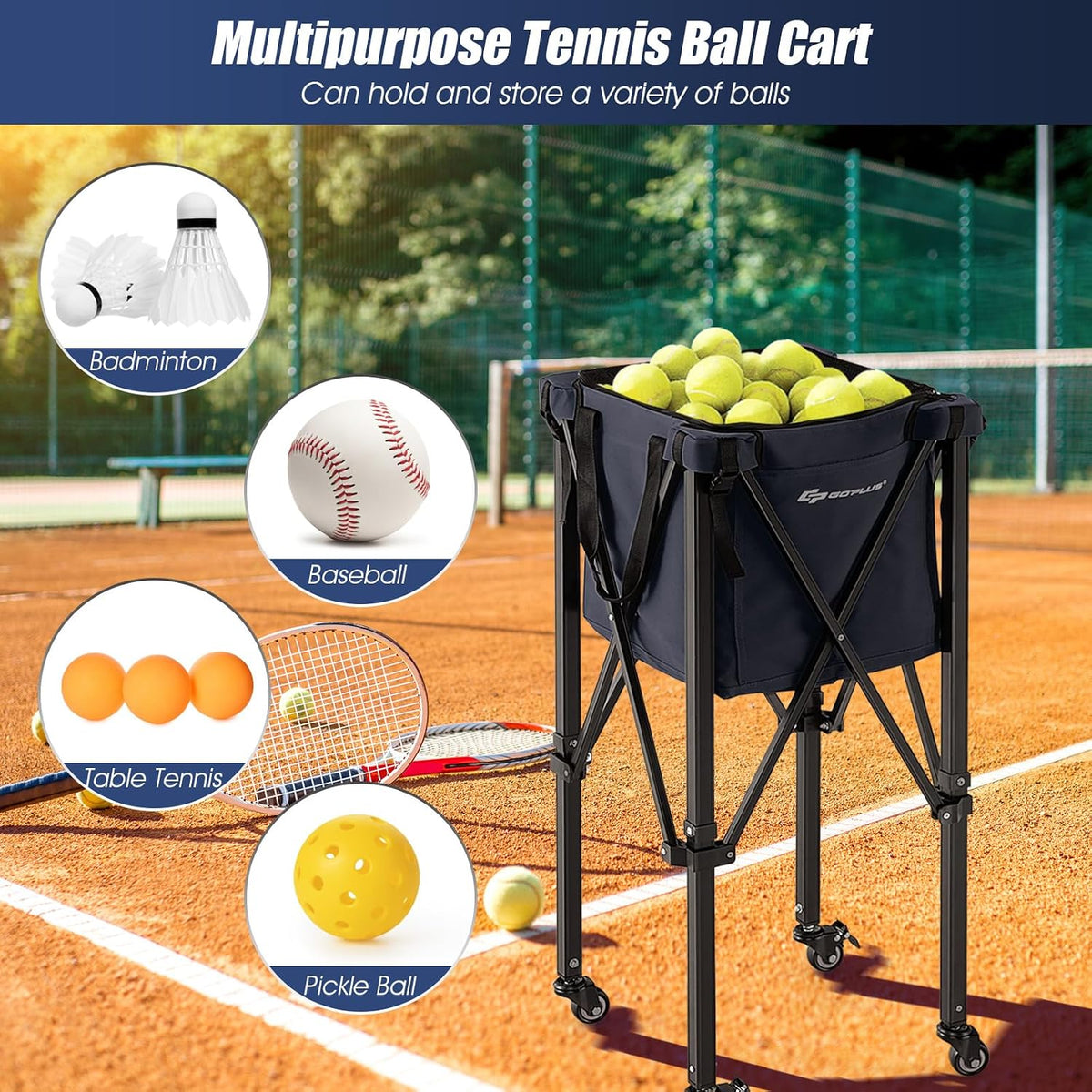 Foldable Tennis Ball Hoppers, Lightweight Aluminum Tennis Ball Basket with Wheels, Removable Bag, Side Pockets, Carry