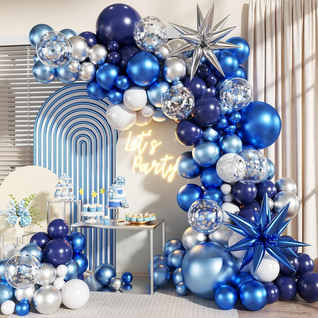 Blue White Silver Balloon Garland Arch Kit, 140Pcs Navy Light Metallic Blue Silver White Confetti Balloons With Stars