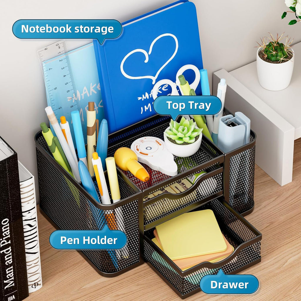 Mesh Desk Organizer, Pen Organizer with 2 Drawer, Multi-Functional Pencil Holder, Desk Organizers and Accessories
