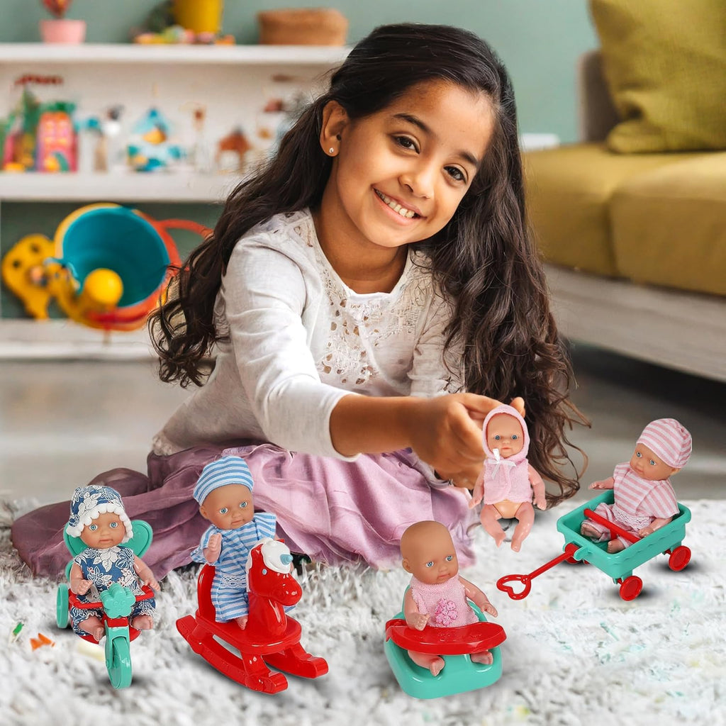 6 Mini Doll Set - 5" Inch Baby Girl Toy - Princess Toys Dolls - Baby Doll Crib, High Chair, Bathtub, Horse See Saw