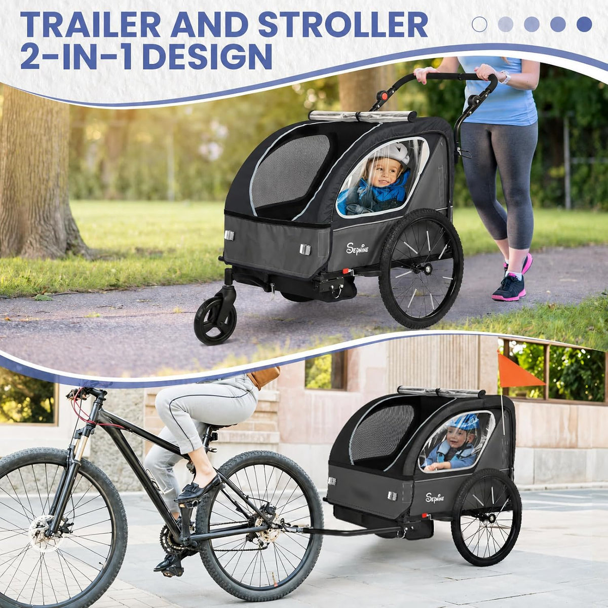 Kids Bike Trailer, 2 in1 Canopy Carrier Converts to Pushcart Suitable for 1 to 2 Toddlers, Kids, Quick Attach to