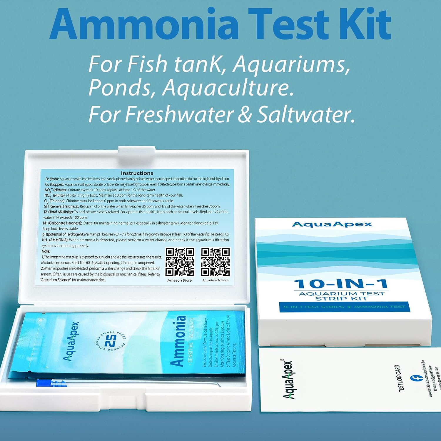 10-in-1 Ammonia Test Kit Aquarium (100 Strips): 50 Multi-Test + 50 Ammonia | Aquarium Test Strips for Freshwater &