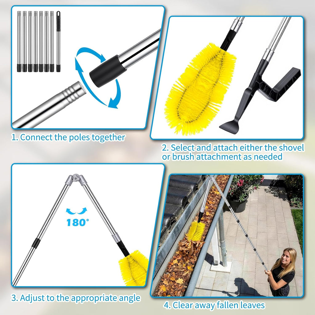 13FT Upgraded Gutter Cleaning Tools - Adjustable Long-Reach Rain Gutter Cleaning Brush, No Ladder Needed Removes Leaf