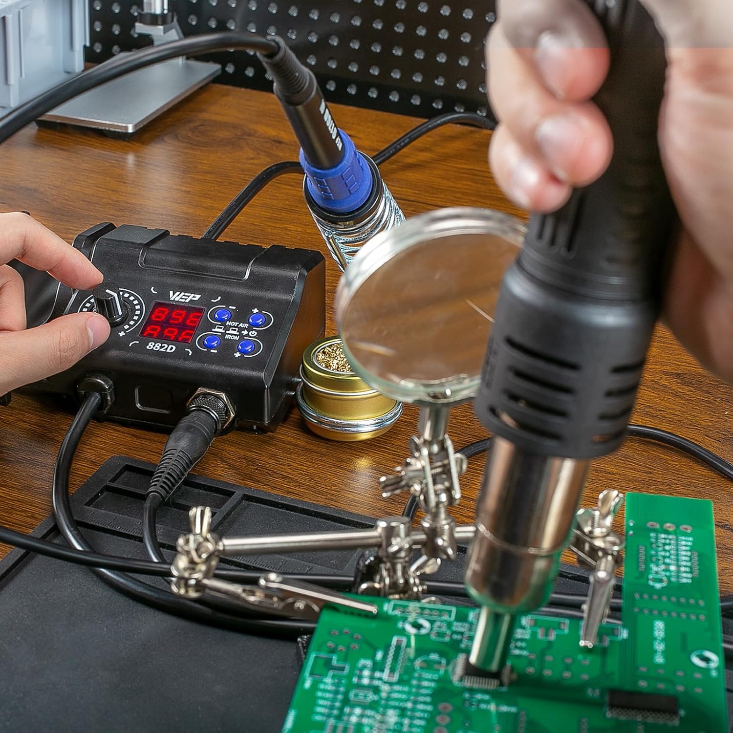 882D Soldering Iron Station 2-IN-1 SMD Hot Air Rework Station with 2 Spools of Solder Wire, 5 Soldering Tips, 3 Hot