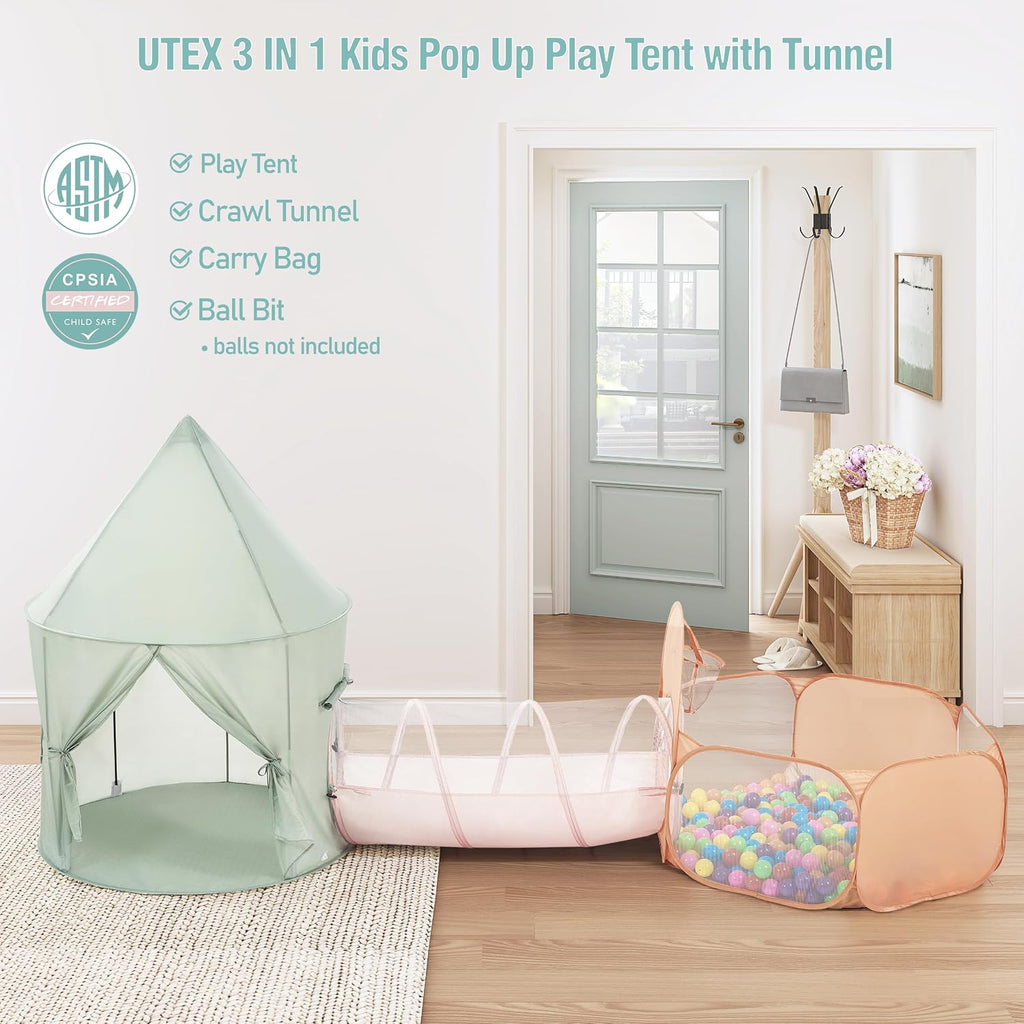 Pointed-Roof 3 in 1 Pop Up Play Tent with Ball Pit | Baby Ball Pit, Tunnel Toys for Toddlers 1-3, Soft Neutral Style