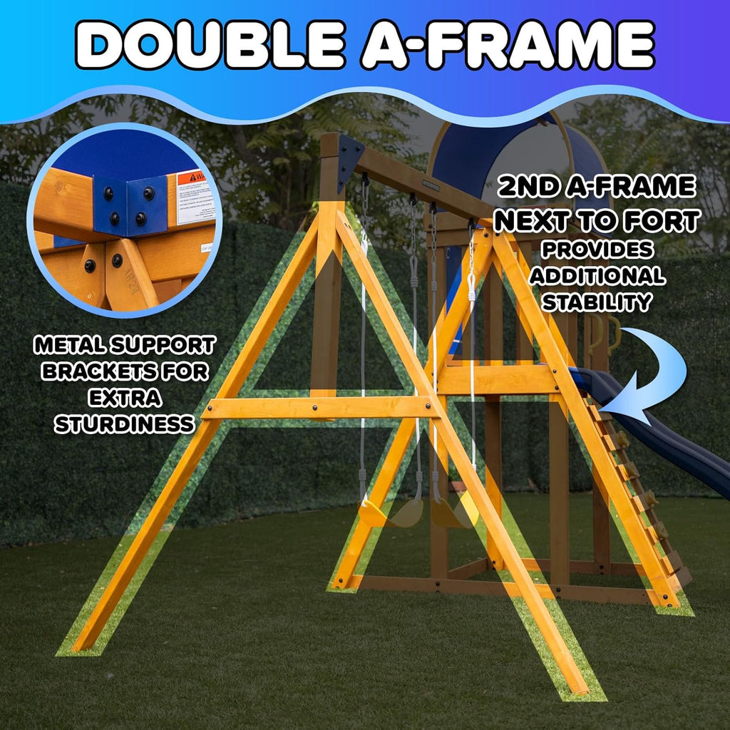 Amelia Galaxy Cedar Wooden Swing Set for Night Play with 2 LED Swings, Play Fort with Sandbox, Heavy Duty Double