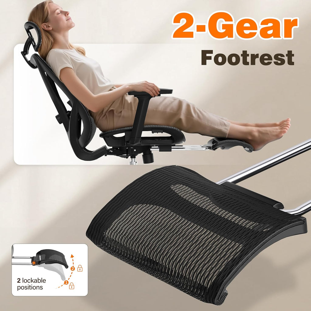 Ergonomic Office Chair with Footrest, 135° Reclining Desk Chair with Adjustable Lumbar Support,3D Armrest,Headrest &