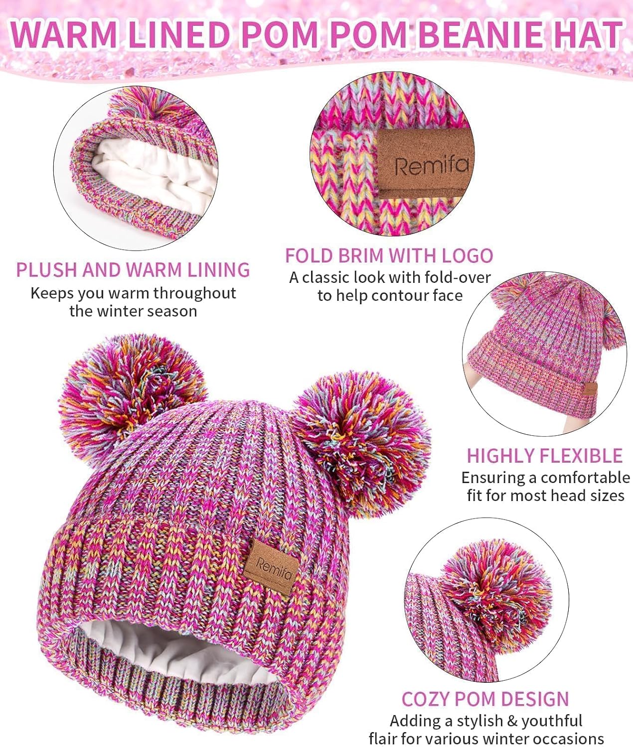 Kids Winter Hat Gloves Scarf Set, Toddler Girls Boy Fleece Lined PomPom Beanie Hat Kint Neck Long Scarf Warm Mittens
