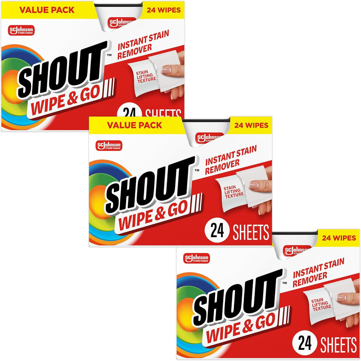 Wipe & Go, Portable Instant Stain Remover Wipes, 24 Count, (3 Pack)