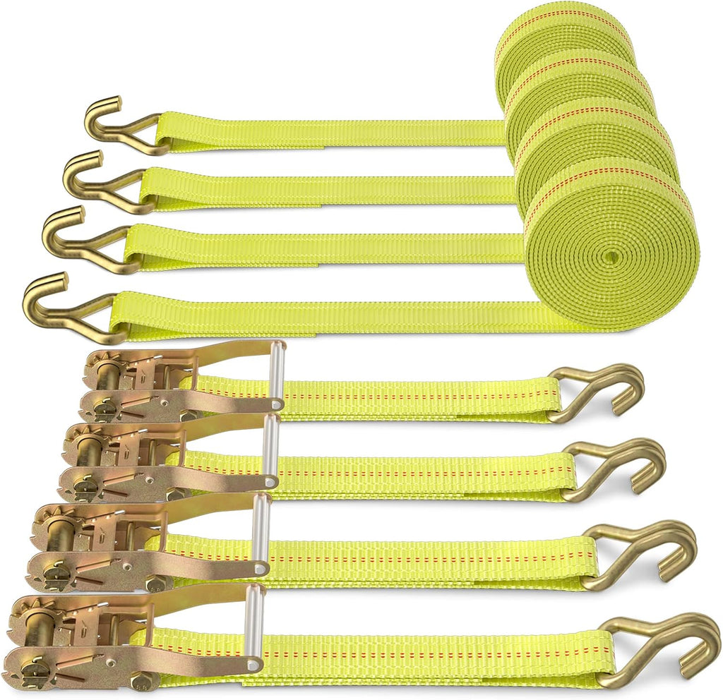 Ratchet Tie Down Straps 4-Pack Heavy Duty 2" x 27' with J Hooks | 10,000lbs Break Strength, Rachet Tie-down Strap for