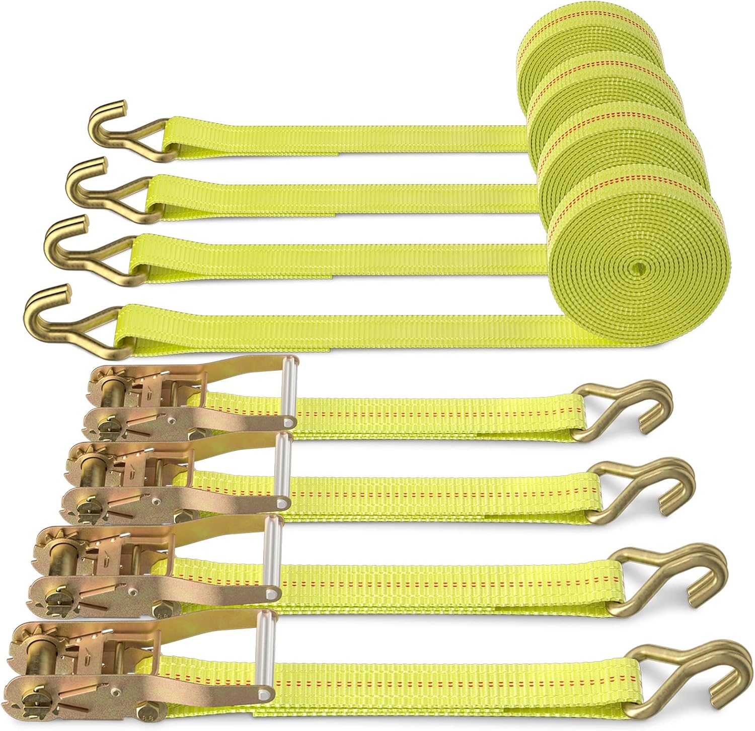 Ratchet Tie Down Straps 4-Pack Heavy Duty 2" x 27' with J Hooks | 10,000lbs Break Strength, Rachet Tie-down Strap for