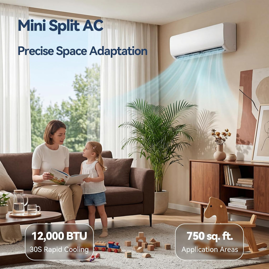 12,000 BTU Mini Split AC/Heating System, 115V Inverter Ductless Air Conditioner with Heat Pump, Cools up to 750 Sq.