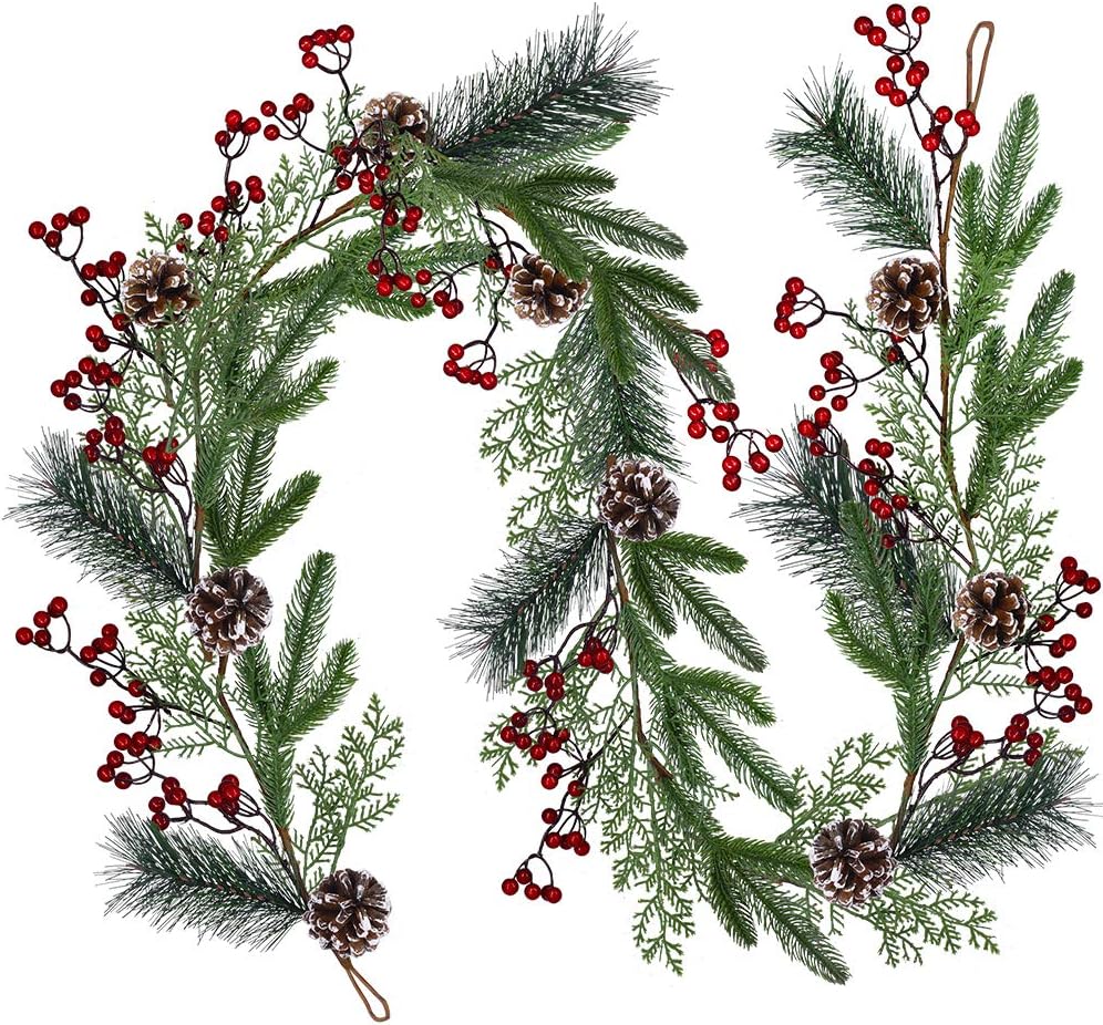 Christmas Artificial Pine Garland with Spruce Cypress Berries Frosted Pinecones Winter Greenery Garland for Holiday