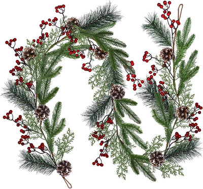 Christmas Artificial Pine Garland with Spruce Cypress Berries Frosted Pinecones Winter Greenery Garland for Holiday