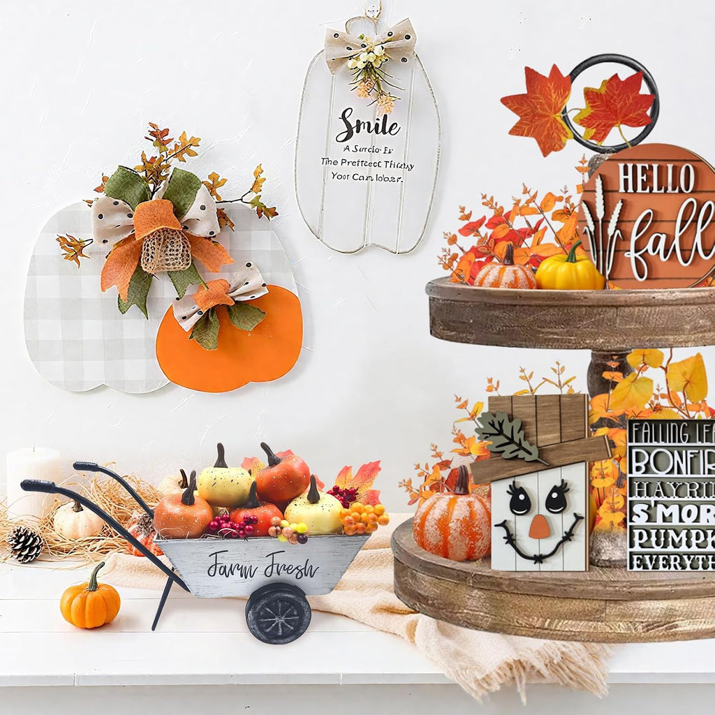 Fall Thanksgiving Centerpieces for Tables Metal Wheelbarrow White | Include Pumpkins Berries Fall Leaves