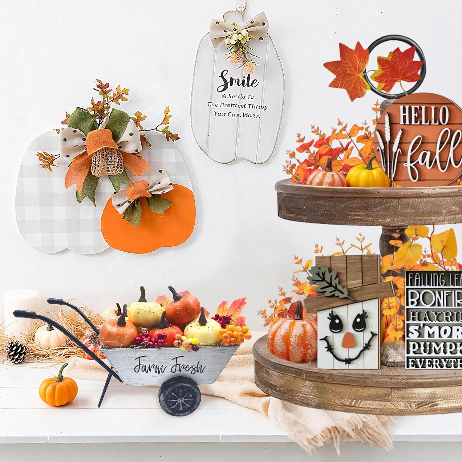 Fall Thanksgiving Centerpieces for Tables Metal Wheelbarrow White | Include Pumpkins Berries Fall Leaves