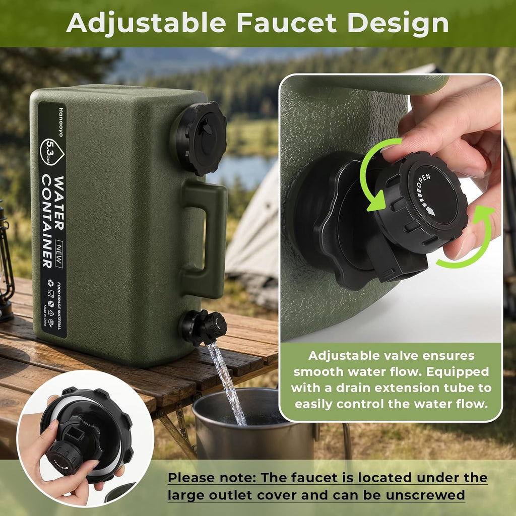 5.3 Gallon Camping Water Jug, BPA Free Portable Water Container with Spigot & Extension Tube, Space Saving Flat Water