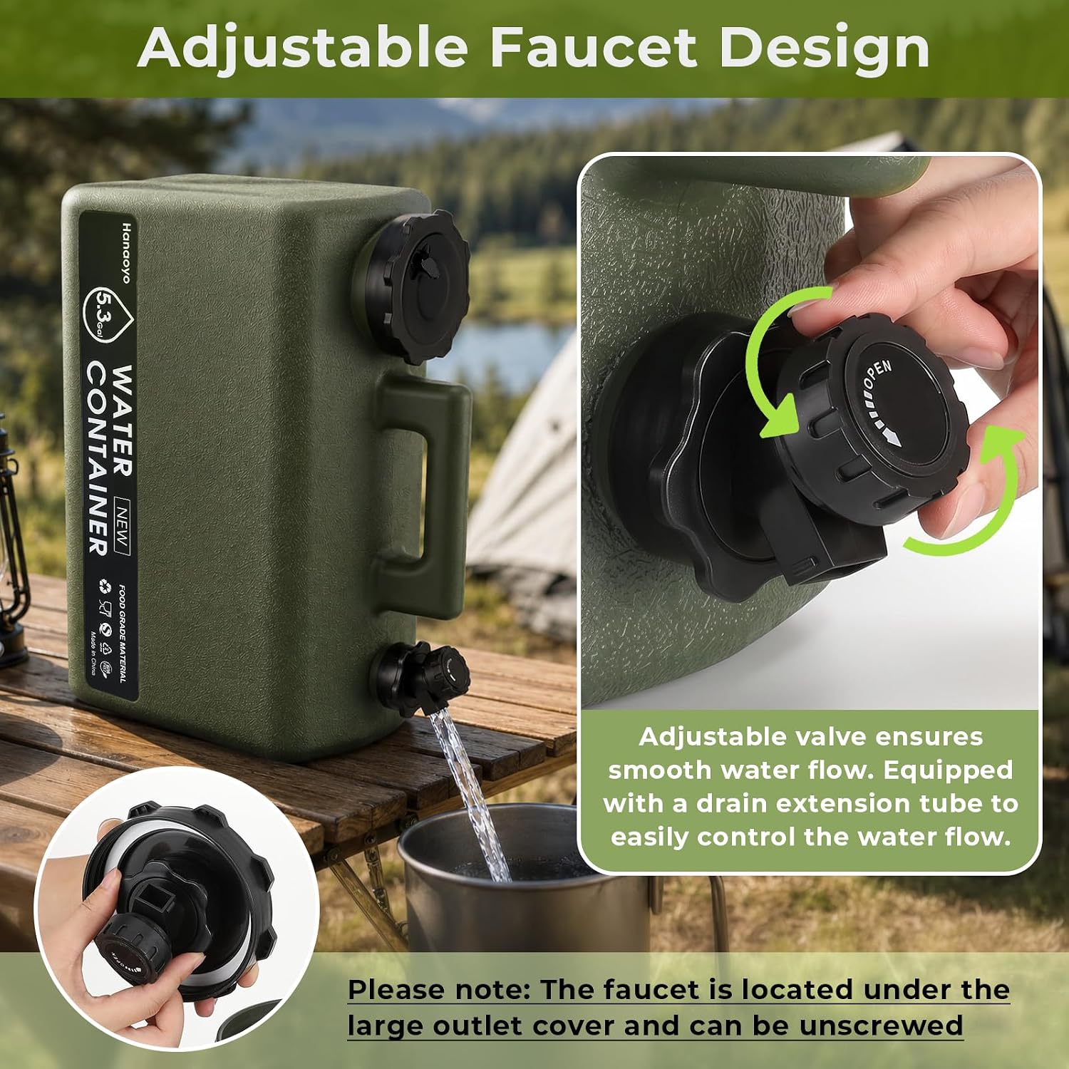 5.3 Gallon Camping Water Jug, BPA Free Portable Water Container with Spigot & Extension Tube, Space Saving Flat Water