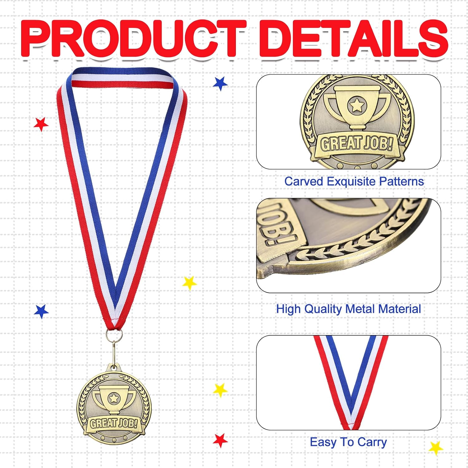 20 Pcs 2'' Gold Medals for Awards Bulk Gold Winner Medals with Neck Ribbons Metal Trophy Award Prize Gift for School