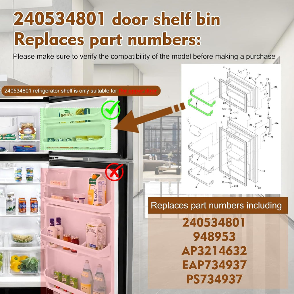 240534801 Refrigerator Freezer Door Rack Compatible with Frigidaire, Kenmore, Crosley, White-Westinghouse Refrigerator Door Shelf Bin FRT18B5JM, 253618421 etc, Replace 948953, AP3214632 Door Shelf Bin