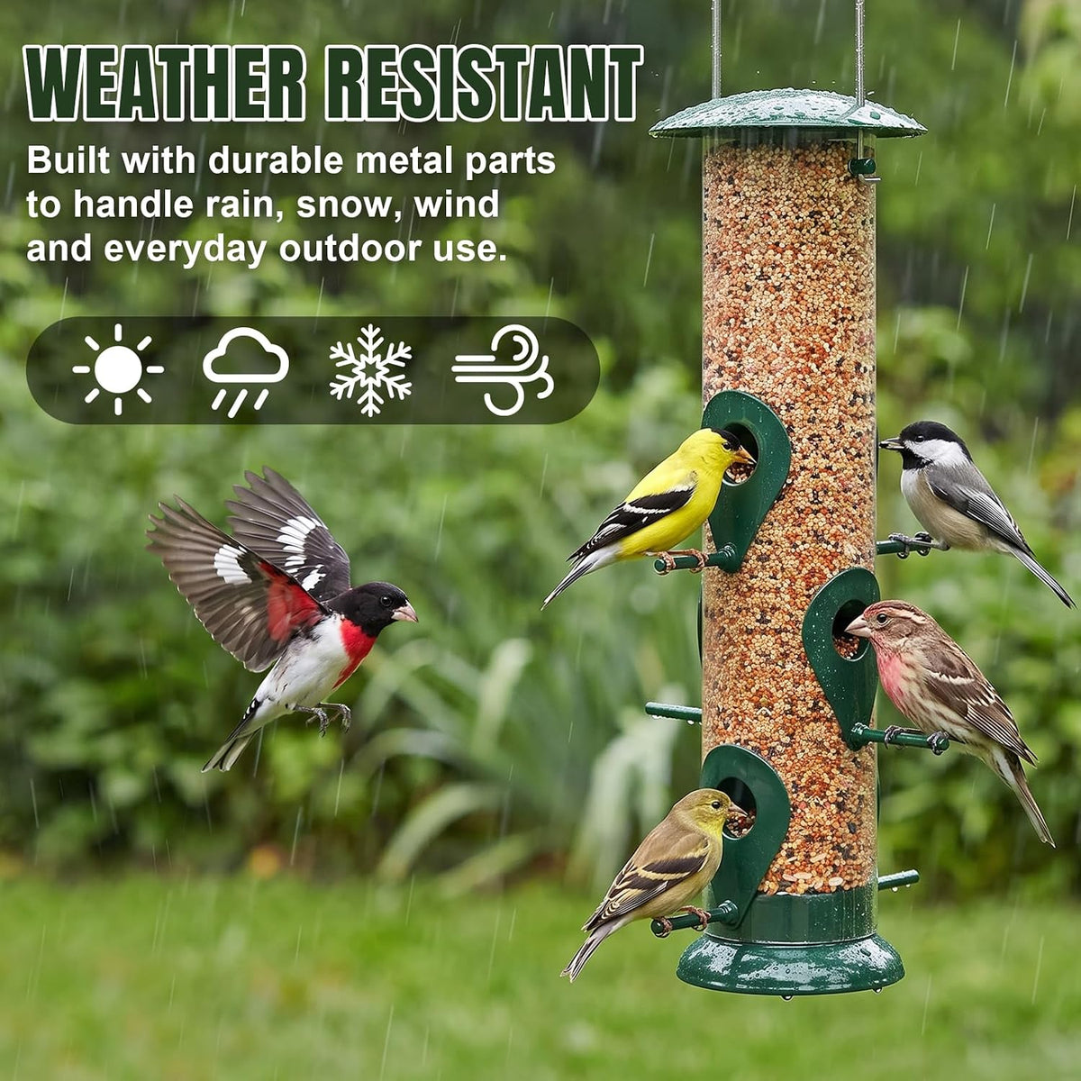 Tube Bird Feeders for Outdoors, 13’’ 6 Ports, Metal Lid & Base